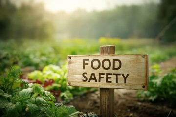 Wooden 'FOOD SAFETY' sign in organic farm during golden hour, emphasizing safe production and natural agriculture concept
