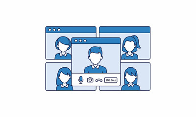 Cartoon Illustration of Online Video Conference Call with Participants.