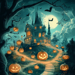 Fototapeta premium halloween, illustration, background, cover, night, scary, dark, october, celebration, spooky, haunted, horror, pumpkin, bat, house, moon, bats, card