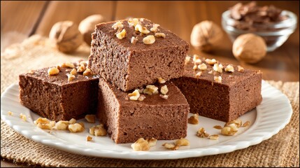 Stacked chocolate brownies on plate with walnuts sprinkled on top against cozy rustic background, rich homemade dessert and sweet treat.