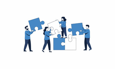 Obraz premium Diverse team collaboratively assembling a large jigsaw puzzle, symbolizing unity and shared goals.