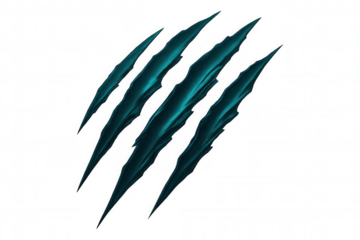 Four metallic teal claw marks are tearing through a transparent background, creating a dramatic and eerie effect