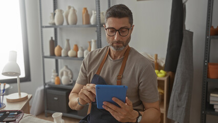Man wearing apron holding blue tablet with both hands in a ceramic studio surrounded by pottery and tools; creative concentration.