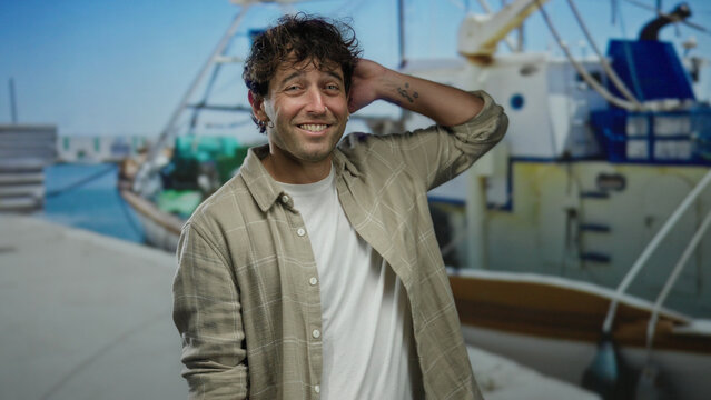 Hispanic man smiling at a port with boats in the background, enjoying the outdoor marina atmosphere in a casual plaid shirt under a bright blue sky.