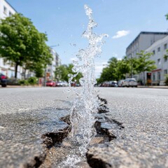 A dynamic low-angle shot of water forcefully spouting from a crack in an asphalt street on a sunny day, with a blurry urban background.