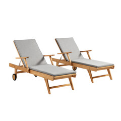Two light-brown wooden outdoor chaise lounges with gray cushions