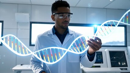 African Male Scientist Analyzing DNA Sequence in Modern Laboratory - Powered by Adobe