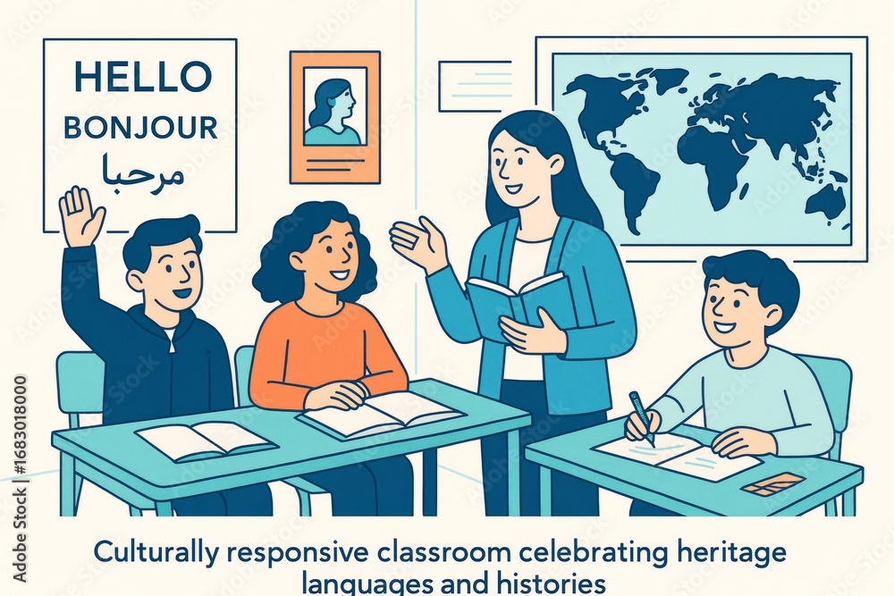 Aufkleber multilingual classroom scene with teacher and diverse students engaging in cultural and language lea