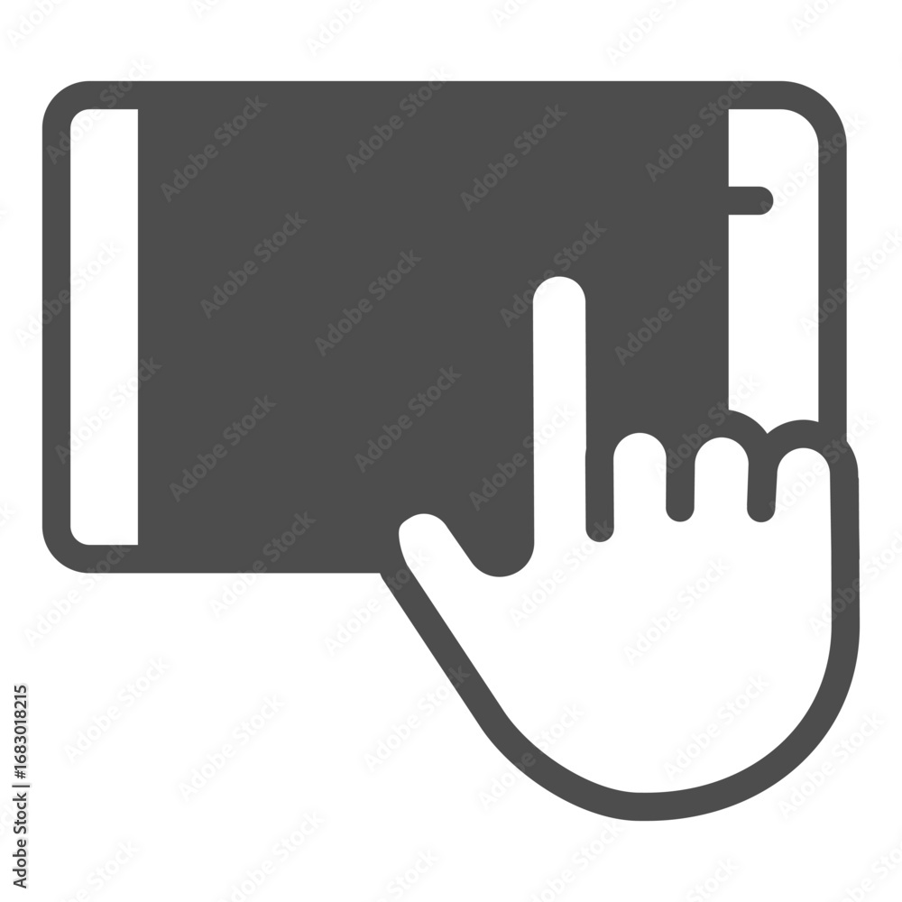 Poster smartphone in horizontal position solid icon, using device concept, touchscreen and index finger sig