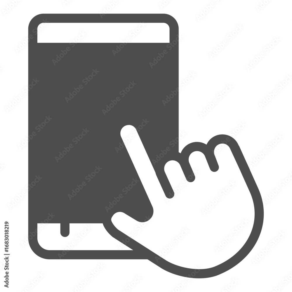 Poster mobile phone upright with hand index finger solid icon, using smartphone concept, touchscreen device