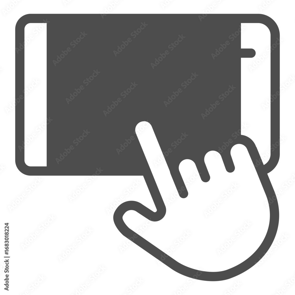 Poster touchscreen phone and index finger solid icon, using smartphone concept, phone in horizontal positio