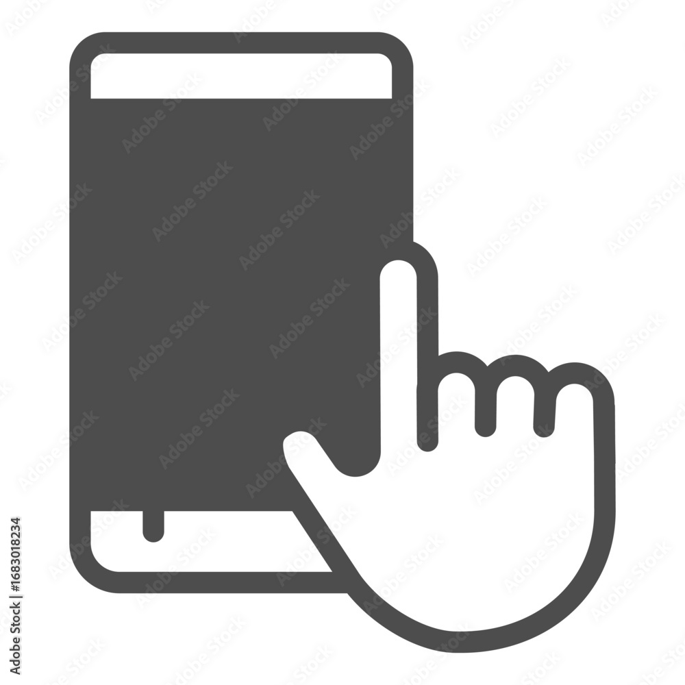 Poster touchscreen phone upright solid icon, using smartphone concept, touch screen with index finger sign 