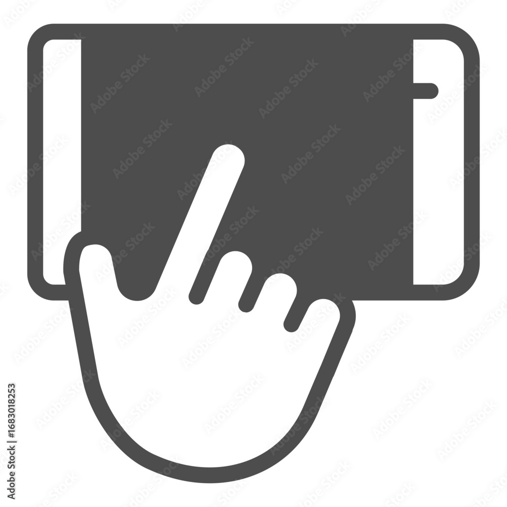 Poster touchscreen cellphone and hand index finger solid icon, using smartphone concept, mobile phone sign 