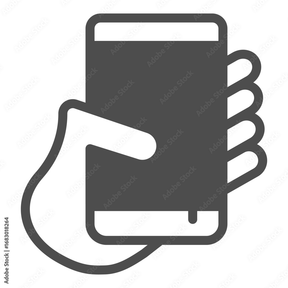 Poster touchscreen phone held vertically in hand solid icon, using smartphone concept, mobile cellphone sig