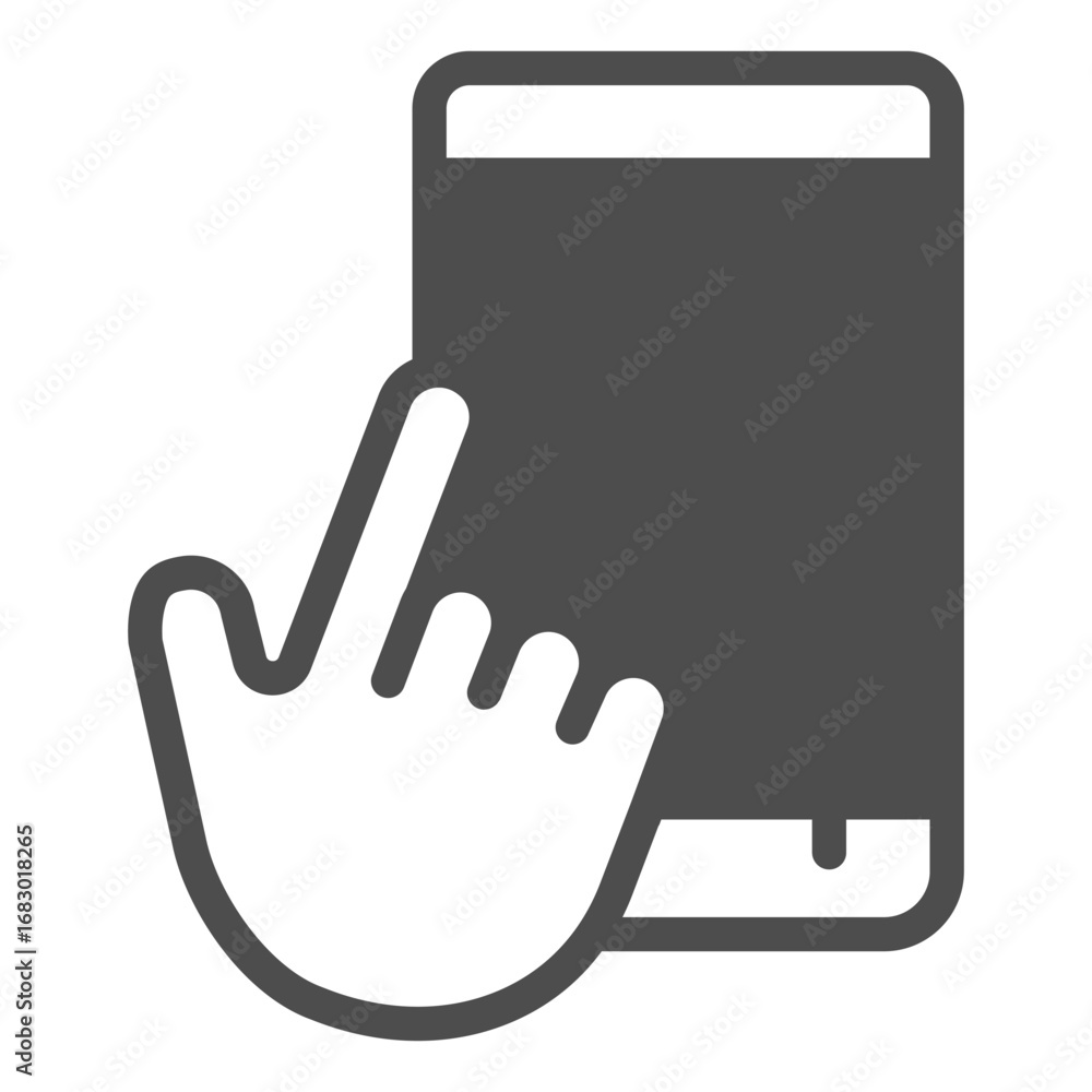 Poster cellphone upright with index finger of hand solid icon, using phone concept, touchscreen smartphone 