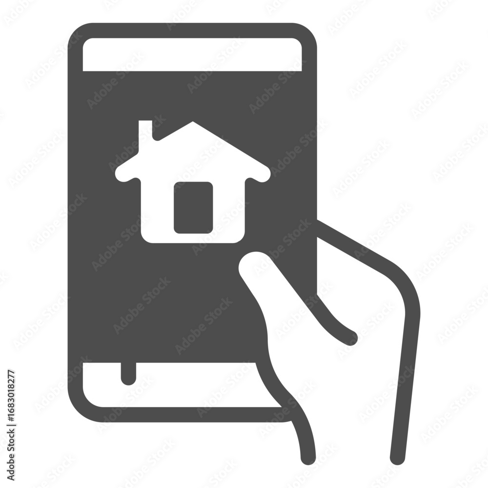 Poster touchscreen phone, smart home app solid icon, using smartphone application concept, device in hand s