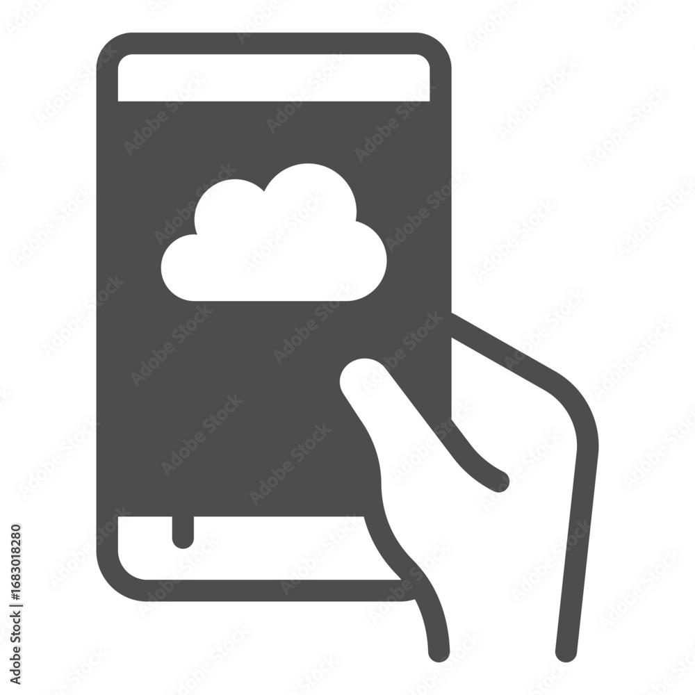 Poster smartphone with cloud storage app solid icon, using gadget application concept, touchscreen phone si