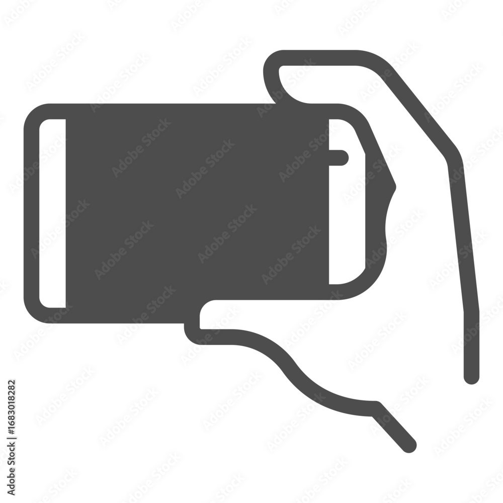 Poster smartphone held horizontally in hand solid icon, using smart device concept, touchscreen phone sign 