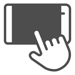 Touchscreen phone and index finger solid icon, using smartphone concept, phone in horizontal position sign on white background, glyph style icon for mobile and web design. Vector graphics.