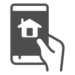 Touchscreen phone, smart home app solid icon, using smartphone application concept, device in hand sign on white background, glyph style icon for mobile and web design. Vector graphics.