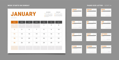 Set of 12 Pages Monthly Calendar Planner Templates with Logo Company on 2026 year. Vector mockup of wall or desktop organizer grid with the week start on Sunday ready print. Pages Letter -8.5x11 in