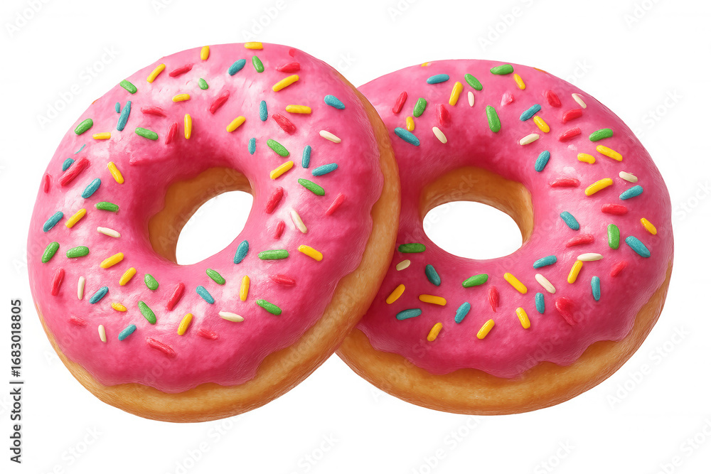 Poster two delicious pink icing donuts with colorful sprinkles are partially overlapping on a transparent b