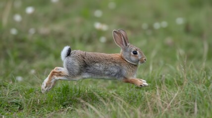 Fototapeta premium A brown rabbit with a white tail running through a field of green grass in a natural environment