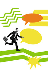 Trendy image sketch photo collage of serious businessman run bubble communication icon dialogue...