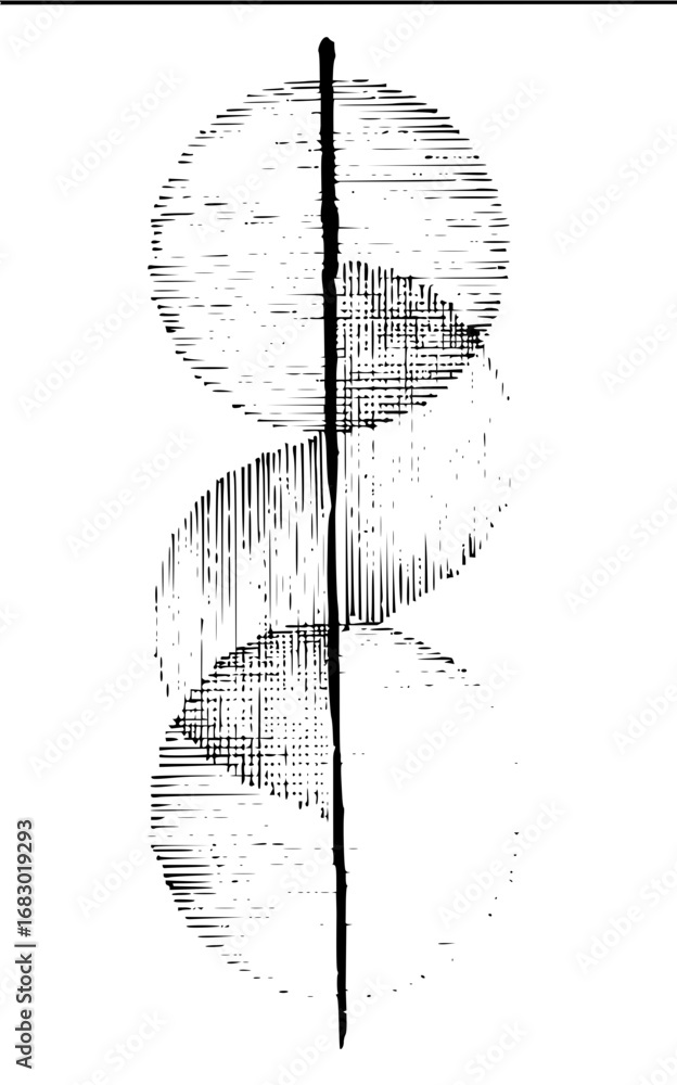 Poster abstract spiral form with textured circles and vertical line, modern artistic pattern