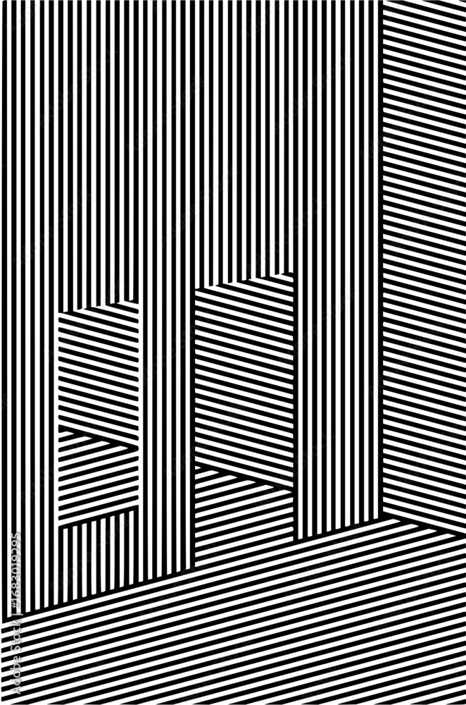 Poster dynamic optical illusion pattern with bold black and white stripes creating depth and movement.