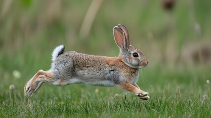 A cottontail rabbit mid leap across a green grassy field with its ears perked up and tail visible