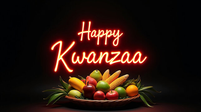 A luminous image celebrating happy kwanzaa, with bright neon lettering illuminating a basket brimming with colorful fruits and corn, symbolizing the harvest and unity against a dark background