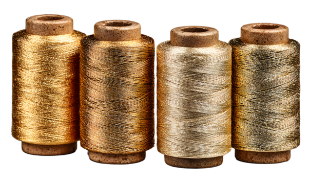Shiny set of golden twine spools isolate on white bakground, set includes metalic thread rolls for craft, packaging and festive deor, decorative isolate conept for holiday