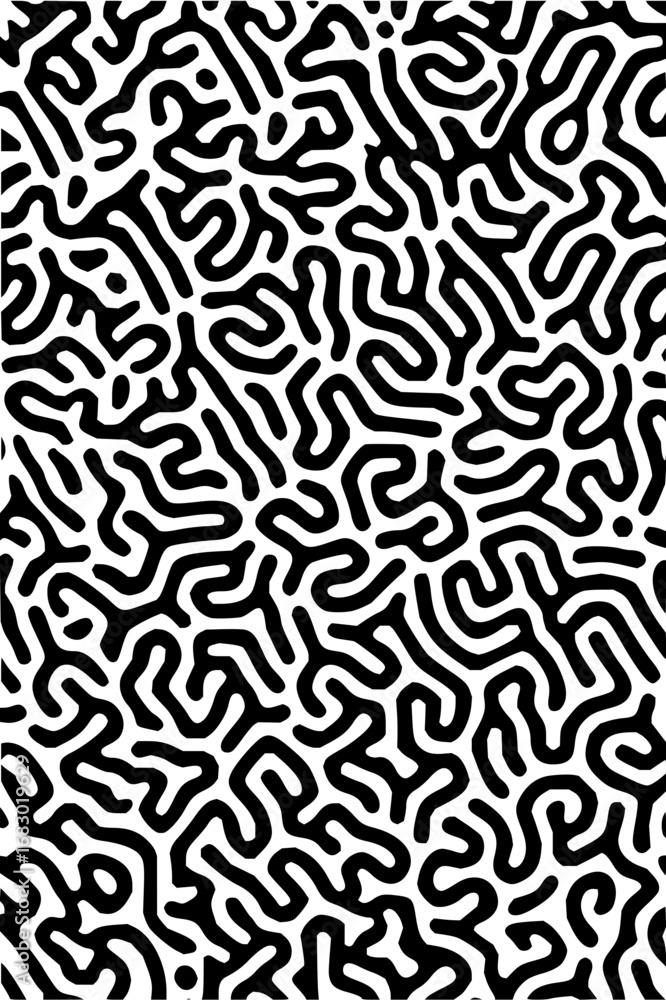 Poster striking abstract black and white organic pattern with dynamic flowing lines and shapes