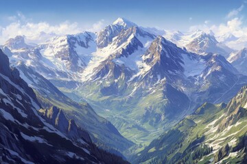 Majestic alpine peaks, blanketed in snow, descend into verdant valleys, painted with vibrant hues under a brilliant sky.