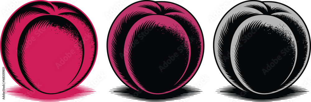 Poster three oval shaped objects in a row with hatching detail