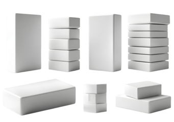 White erasers collection displayed in various anglesand stacked pairs, simple ectangular stationery tool presented isolated with cean set design for educatin and office concept