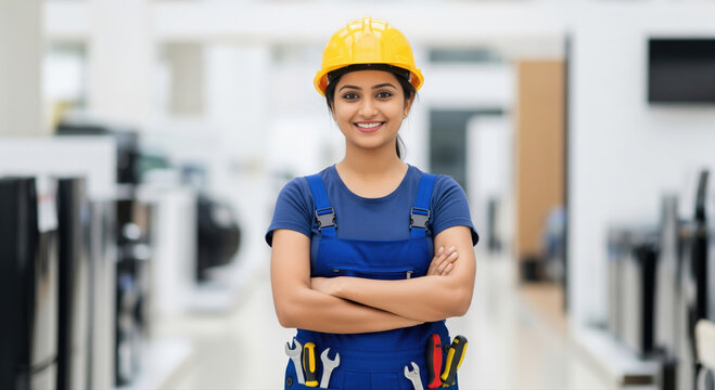 female worker wearing hard hat and standing confidently with tools