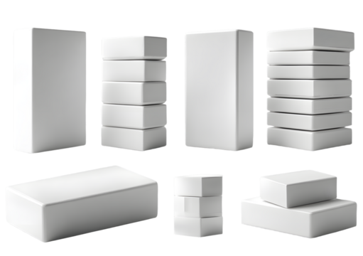 White erasers collection displayed in various anglesand stacked pairs, simple ectangular stationery tool presented isolated with cean set design for educatin and office concept