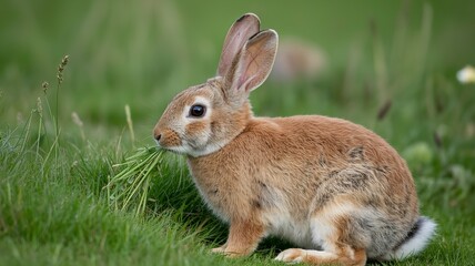 Fototapeta premium A light brown rabbit sitting in a field of green grass and eating some green plants in its mouth