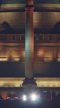 New Delhi, Delhi, India. Close up of Rashtrapati Bhavan, Viceroys House, official residence Presidential Palace in Kartavya Path, Rajpath Area. Rashtrapati Bhavan in evening night illumination lights