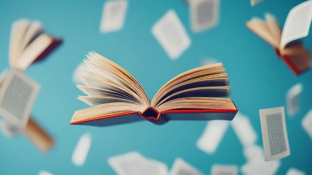 A Beautiful Open Bound Textbook Floating Gently in Freefall, Pages Scattering in Airy Sunshine