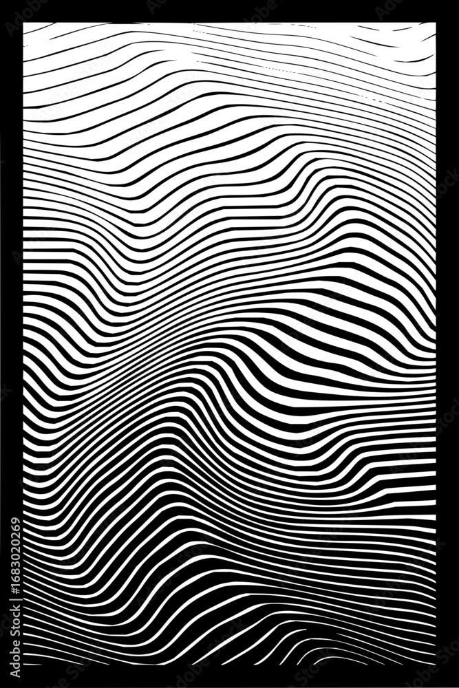 Poster dynamic black and white wavy lines create a mesmerizing optical illusion effect