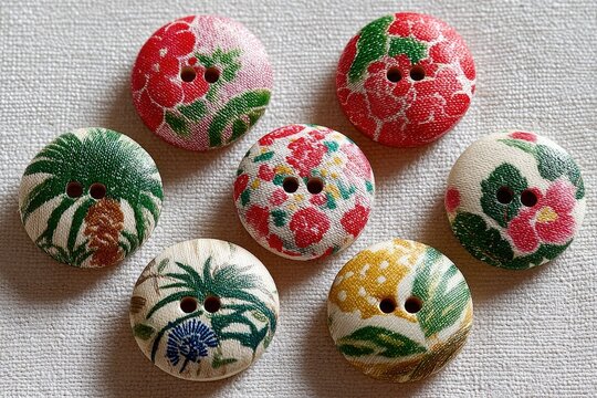 Colorful wooden buttons with floral and palm print designs