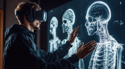 Man in VR headset interacting with virtual human anatomy display.