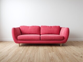 A vibrant red sofa, with soft curves, sits elegantly in a minimalist living room.