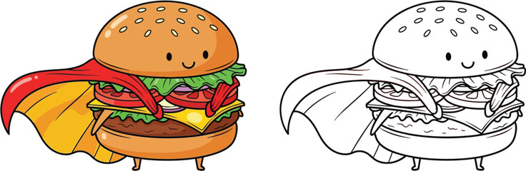  Super Burger Hero Coloring Page: Cute Cartoon Hamburger Character with Cape, Funny Fast Food Superhero Outline Drawing for Kids Activity Book, Kawaii Meal Clipart Vector Illustration