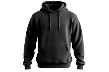 A black hoodie with a simple design and a front pocket is displayed against a plain white background.