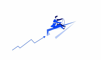 Fototapeta premium Stylized businessman in blue suit sitting, measuring an upward trending graph line with a tape.