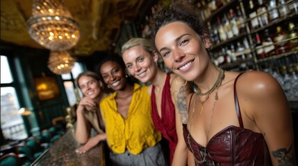 Fototapeta premium Groupe de jeunes femmes souriantes posant ensemble dans un bar